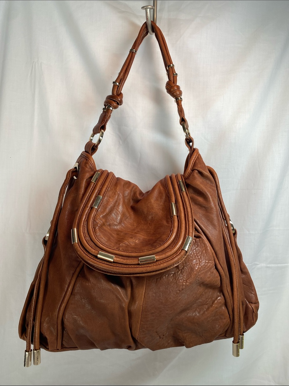 Junior Drake Tan Brown Leather Hobo Bag with Gold Accents